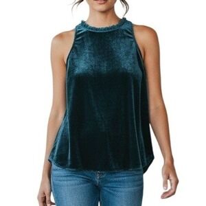 Y2K Velvet Luxe Tank Top Womens Large Teal Silk Blend Eyelash Trim Texture USA